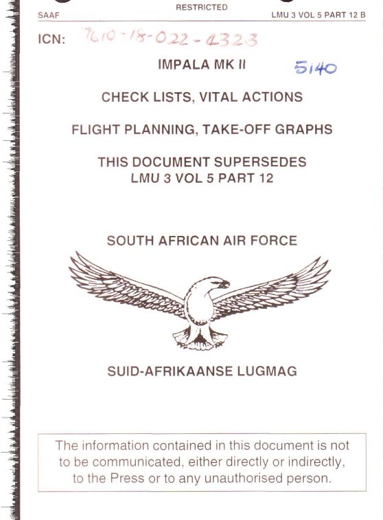 AERMACCHI MB-326KC Impala Mk.2 FRC2 Pilot Checklists, Vital Actions, Flight Planning and Take Off Graphs