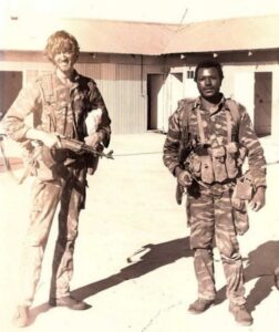 John Gartner and Steven Mpofu about to deploy on a recce task. Both men appear to be wearing Portuguese Lizard Stripe camouflage which would indicate this operation was in Mozambique.