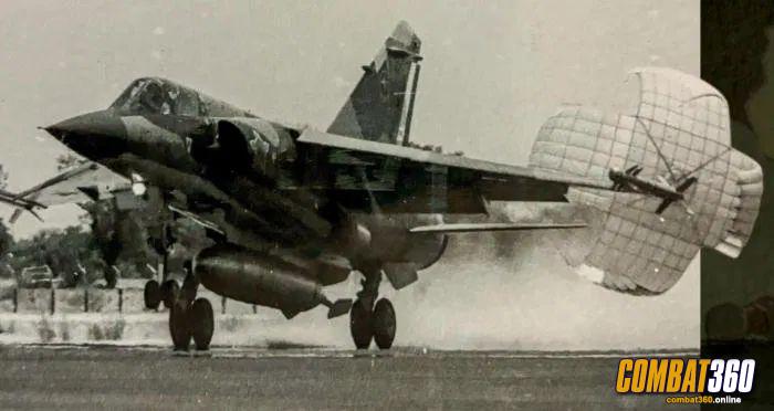 A 3 Squadron Mirage F1CZ touches down at a SAAF forward base in Namibia