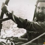 Derek Andrews whilst serving with the Selous Scouts, aboard a French manufactured Aérospatiale Alouette helicopter returning from a successful operation in the Hot Springs region of south-east Rhodesia.